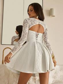 Vowa Elegant Luxury Lace Patchwork Jacquard Satin A-Line Sheer Long Sleeve Dress, Suitable For Weddings, Parties, Holidays, Balls, Gifts, Bride, Graduation, Teacher Outfits For Women, Teacher Dress, Valentine's Day - Beige - View 3