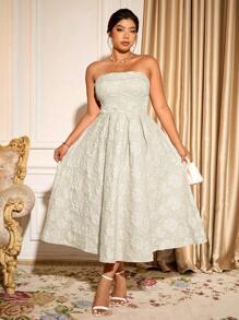 Cravure 大码优雅浪漫宴会高端迷人性感收腰修身提花喇叭裙，适合舞会、生日等场合，休闲穿着，大码连衣裙，白色连衣裙，工作夏季连衣裙，优雅礼服 - 杏色 - 查看 6