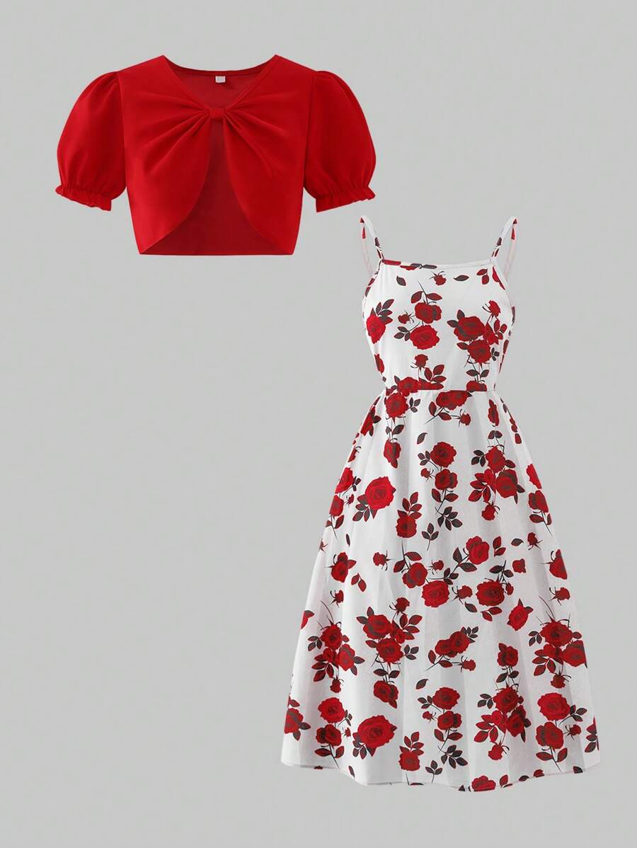 SHEIN Explorewe Bộ 2 chiếc khăn choàng mỏng bằng vải chiffon cho bé gái tuổi teen kết hợp với váy yếm họa tiết hoa nhỏ nhắn, rộng rãi và thoải mái, bó chặt eo, thích hợp để mặc hàng ngày, đi nghỉ ở bãi biển, khu nghỉ dưỡng giải trí, khách dự tiệc cưới sang trọng - Đỏ - Xem 1