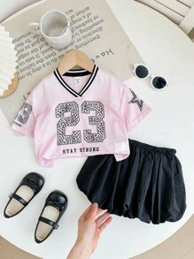 2Pcs/Set Baby Girl Casual Comfy Versatile Cute Printed Fuchsia Top & Black Skirt Outfit, For Back To School - Multicolor - View 6