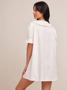 WESTFADE 100% 纯棉荷叶边领短款泡泡袖纽扣迷你A字波西米亚牛仔连衣裙纳什维尔牛仔竞技度假可爱早午餐装