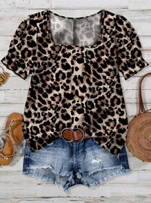 SHEIN LUNE Vintage Allover Leopard Print Loose Button Down Shirt, Casual & Simple, Suitable For Summer Vacation, Plus Size - Brown - View 1