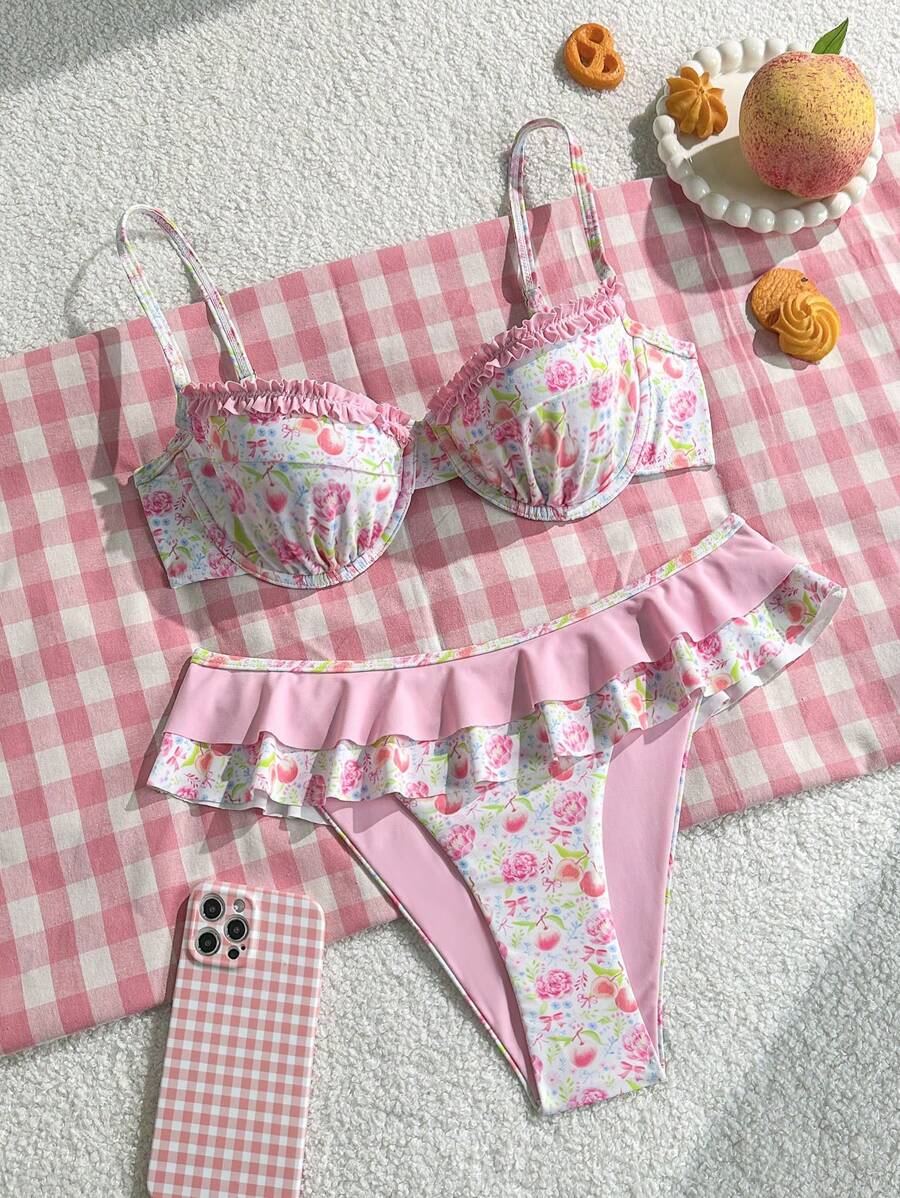 Swim Mod 2pcs Women Summer Beach Holiday Sweet Cute Random Floral Print Wire-Free Push Up Ruffled Swimsuit Set - Multicolor - View 1