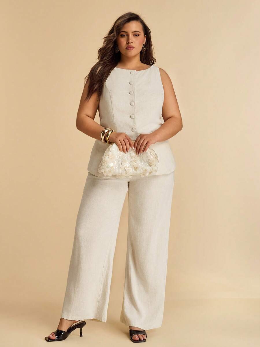 SHEIN BAE Conjunto de 2 piezas de talla grande para mujer, elegante para verano, con chaleco sin mangas de cuello de barco y pantalones de pierna ancha, atuendo de club sexy, atuendo de oficina para mujer, ropa de verano para mujer, ropa occidental para mujer, vacaciones, ropa del 4 de julio, atuendos del 4 de julio, atuendos de verano para mujer, graduación para mujer, ropa de talla grande para mujer - Albaricoque - Ver 1