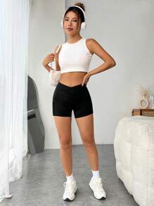 SHEIN EZwear 纯色不对称腰带手机袋侧边骑行短裤 - 黑色 - 查看 3
