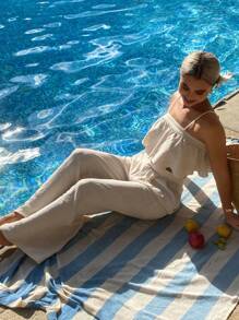 Livesso 2pcs/Set Women Beach Vacation Ruffled Strap Loose Leg Pants Suit - Apricot - View 2