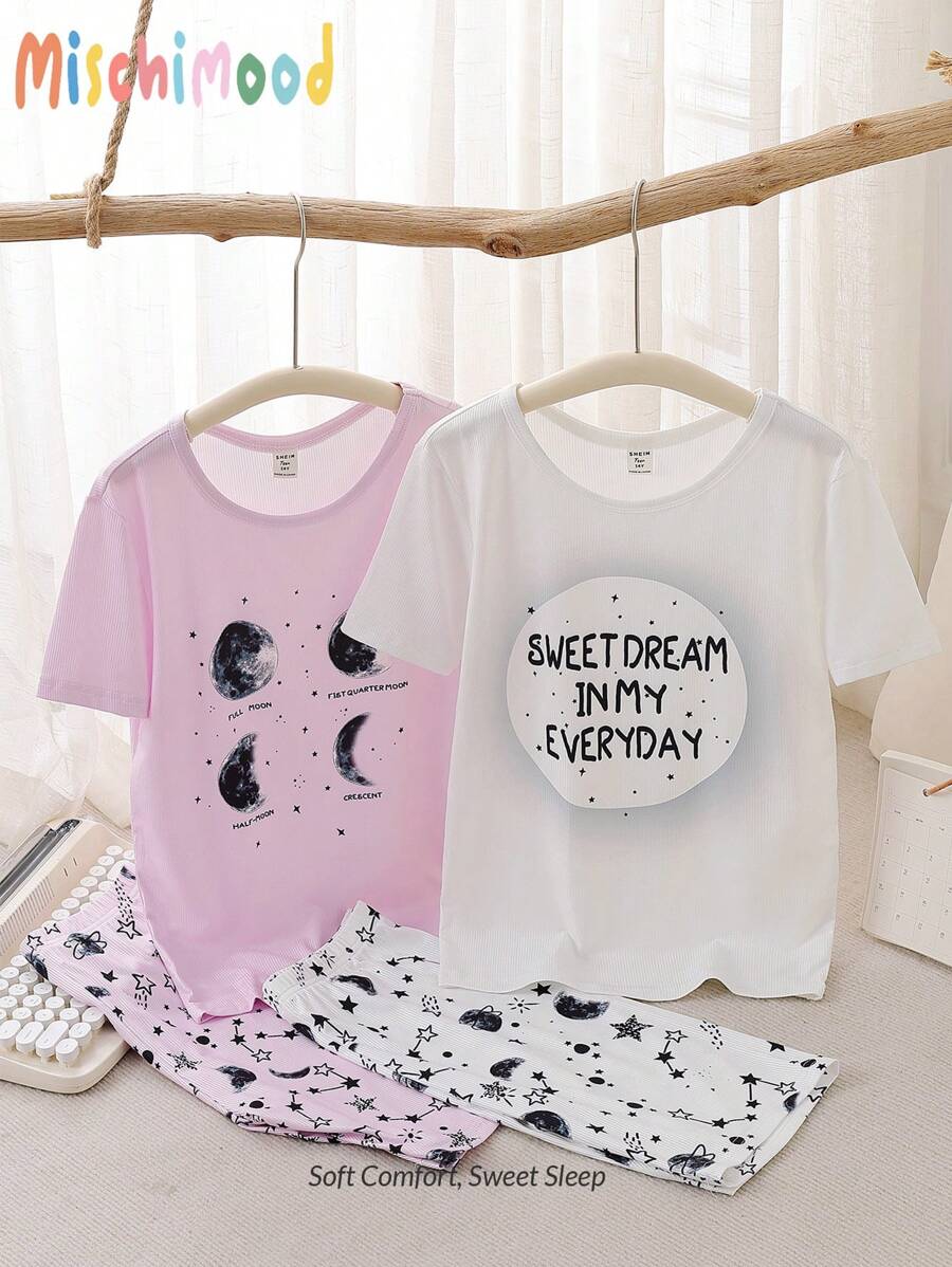 4pcs/Set Teen Girls Minimalist Chic Moon & Space Print Casual Matching Ribbed Pink & White Tight Short Sleeve Top & Shorts Home Set - Baby Pink - View 1