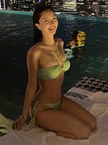 DAZY Bộ bikini dây mảnh màu trơn dành cho nữ, thiết kế tối giản, kiểu tankini, thích hợp cho kỳ nghỉ hoặc du lịch biển. - màu đen - Xem 4
