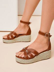 SHUZIA 女式踝带帆布坡跟鞋 - 棕色 - 查看 3