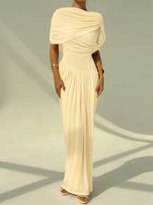 Aloruh Women's Solid Color Short Sleeve Waist-Cinched Elegant Off Shoulder Long Dress - Apricot - View 7