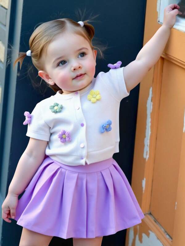 SHEIN Vintaside Kids Baby Girls 2pc Set: Embroidered Knit Top + Solid Color Pleated Skirt, Summer 2025
