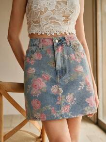 Anewsta Fashionable Printed Denim Mini Skirt For Women - Blue - View 1