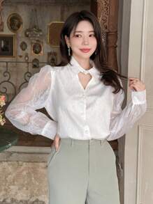 DAZY 女士宽松蕾丝镂空长袖优雅度假夏季上衣、衬衫 - 白色 - 查看 4