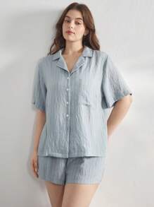 Ocili Conjunto de pijama de talla grande de lino suave a rayas con cuello, ropa de hogar informal - Azul - Ver 7
