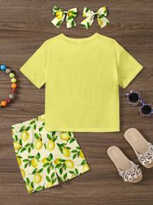 SHEIN Sparkle & Twirl Young Girl Lemon Pressed Flowers Short Sleeve Top And Shorts 2-Piece Set,Vintage Boho Botanical Pastel Floral Summer Casual Clothing - Multicolor - View 3