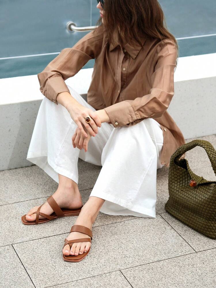 CUCCOO BIZCHIC Brown Casual Comfortable Street Style Leather Flip Flops, Fashionable Flat Sandals For Women