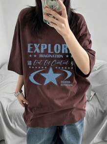 DAZY Women's Letter Print Contrast Color Loose Round Neck Short Sleeve T-Shirt, Spring, Summer Graphic Tee Oversized T-Shirt, Teacher - Brown - View 6