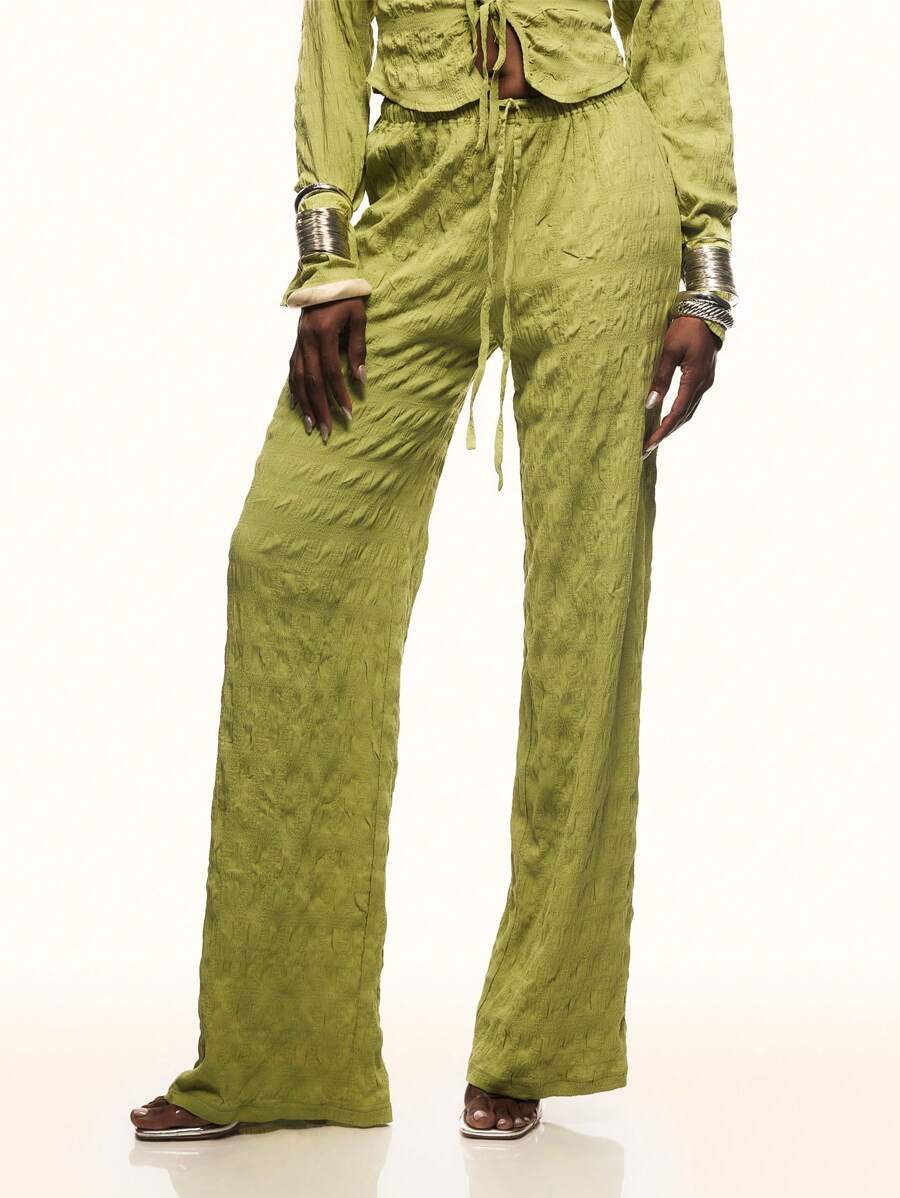 TypaGal Loose Textured Drawstring Wide Leg Pants, Fashionable For Summer - Green - View 1
