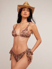 WESTFADE Paisley Printed Velvet Mid Rise Adjustable Cute Bow Tie Sides High Cut Leg Medium Coverage Bikini Bottoms Summer Western Boho Cowgirl Beach Vacation - Multicolor - View 1