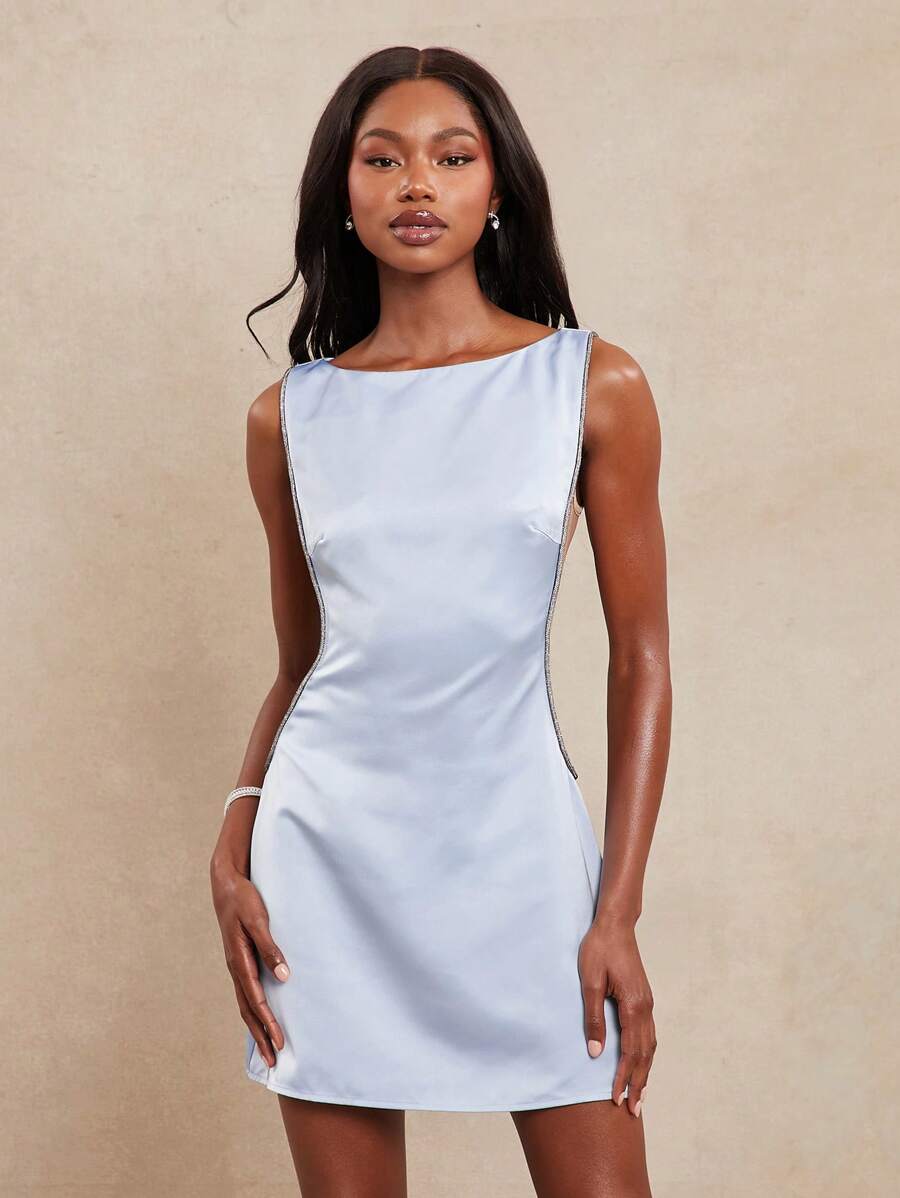 NYA SZN 高领莱茵石夏季闪亮细节迷你舞会正式俱乐部牛仔西部牛仔音乐节婚礼宾客新娘特别活动缎面柔和服装女士 - 藍色 - 查看 1