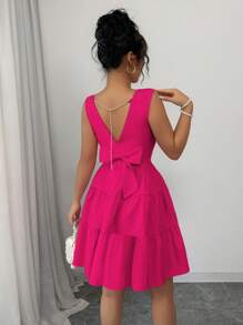 Elenzga Women Plain Round Neck Sleeveless Backside Bow Design Short Dress