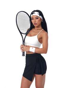 Easithlete Solid Color Criss-Cross Asymmetric Hem Wrap Around Sports Skirt Pants - Black - View 5