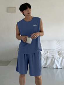 DAZY 男士夏季字母印花海军蓝背心和短裤睡衣套装 - 寶藍色 - 查看 4