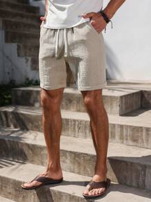 Manfinity RSRT Men's Solid Color Drawstring Waist Pockets Textured Pure Cotton Shorts Men Shorts Casual