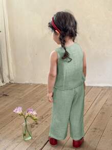 LMoss Kids 2pcs Baby Girl Set: Woven Solid Square Collar Top And Loose Casual Pants - Green - View 2