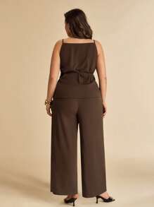 SHEIN X Scheana SHEIN BAE Plus Size Women Summer Brown Elegant 2 Pieces Set, Wrap Blazer Top & Wide Leg Pants, Office Wear, Concert, Party, Formal Suit, 4th Of July Outfits - Brown - View 6