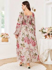 Modelyn Plus Size Floral Print Chiffon Long Sleeve Waist A-Line Midi Dress, Regular Fitting For Spring And Summer