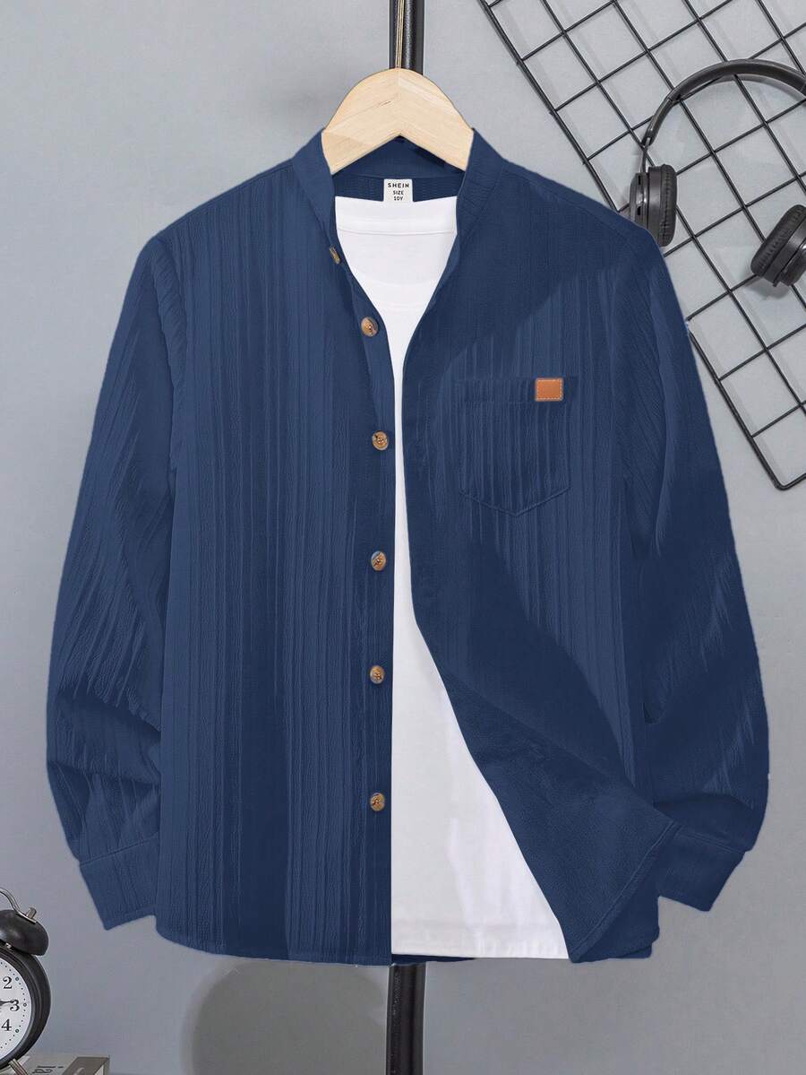 SHEIN 青少年男孩休闲纹理罗纹领和口袋长袖衬衫，适合学校、日常穿着和商务穿着 - 藏蓝色 - 查看 1