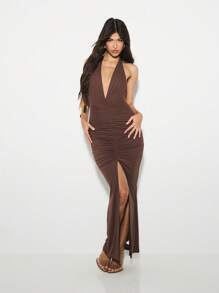 KIZN Đầm maxi cổ yếm khoét sâu, đầm dạ hội xếp ly, hở lưng, ôm sát, dài đến sàn, thích hợp cho đám cưới, tiệc tùng, sự kiện đặc biệt. - màu nâu - Xem 1