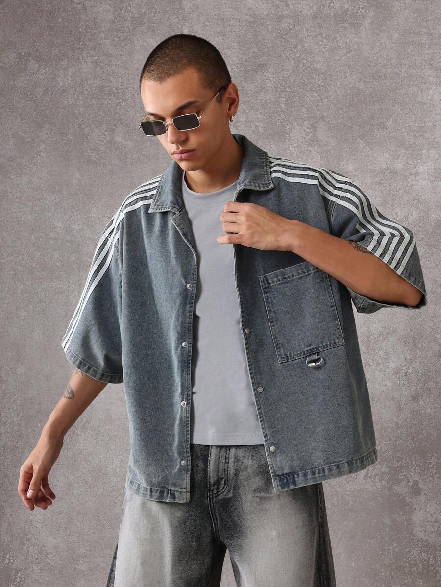 SUMWON Oversized Denim Shirt Jacket With Athletic Stripes, Button-Front Design, Short Sleeves, Casual Streetwear Style, Classic American Workwear Inspired - Blue - View 1