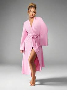 MISSGUIDED 奢华系带长袖中长休闲睡袍裹身式晚间水疗度假村优雅柔软长款和服睡袍 - 粉色 - 查看 4