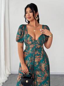 Elenzga Bộ đồ liền thân ống rộng họa tiết hoa xinh xắn dành cho nữ cỡ lớn, tay bồng, đi nghỉ mát - Màu xanh lá cây đậm - Xem 4