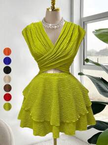 Ceyna Vestido de playa de vacaciones con aberturas cruzadas, bajo de volantes y diseño hueco para mujer talla grande, nuevo diseño de moda, llegada primavera/verano