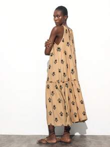 Maija 女士优雅花卉刺绣露背连衣裙，时尚假日休闲连衣裙设计，适合夏秋季女性 - 杏色 - 查看 2