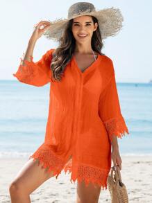 Swim Vcay Áo choàng đi biển phong cách kimono họa tiết ren hoa cho nữ - trái cam - Xem 1