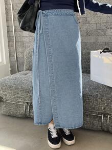 DAZY 女士侧边打结裹身长款休闲牛仔裙 - 淺藍色 - 查看 3