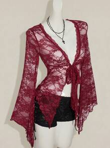 SHEIN ICON Y2k Women's Western Country Concert Boho Hippie Goth Sheer Burgundy Sexy Lace Twist Front Long Sleeve Cardigan - Burgundy - View 3