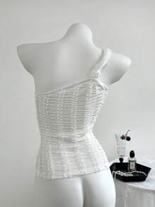 Chiquease Top ajustado sin mangas con un solo hombro, fruncido y textura de unicolor para mujer - Blanco - Ver 2
