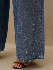 Anewsta 大码女式水钻装饰蓝色直筒牛仔裤 - 藍色 - 查看 3