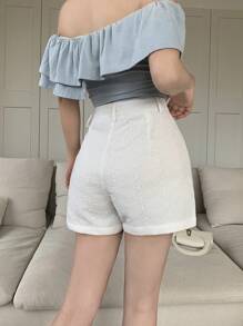 Modelyn Women's Summer Casual Solid Color Embroidered Jacquard Shorts - White - View 2
