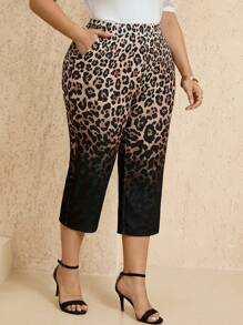 EMERY ROSE Plus Size Women's Elastic Waist Leopard Print Pocket Casual Capri Pants, Summer Fashion, Women's Resort Wear, Women's Brunch Wear, Women's Business Casual Wear, Women's Wedding Guest Dresses, Women's Summer Clothing,Women's Work Clothes - Multicolor - View 5