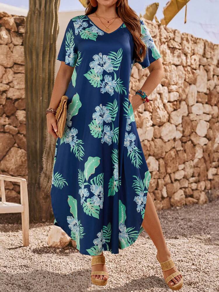 Plus Size Boho Vcay Passion  Vacation Knit Casual Tropical Plant Banana Leaf Combination Pattern Print V Neck Arc Asymmetric Hem Dress Long Dress Suitable For Spring And Summer Seasons Vacation Outfits Beach Outfits For Woman  Beach Vacation Outfits Beach Dress Vacation Dress