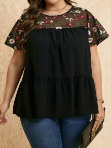 EMERY ROSE Plus Size Women Floral Embroidery Mesh Patchwork Ruffle Hem Loose Blouse, Tunic Top,Women's Holiday Wear, Brunch Outfits For Women, Business Casual Women, Going Out Tops Women, Wedding Guest Dress Women,Summer Outfits For Women - Black - View 3