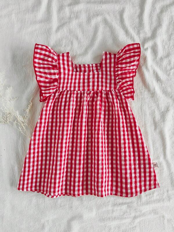 SHEIN Vintaside Kids Baby Girl's Gingham Cap Sleeve Summer Dress, Countryside Style With Refreshing Pattern, Light & Breezy Silhouette, Suitable For Outdoor Play, Casual Wear, And Relaxed Parties