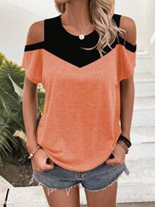 SHEIN LUNE Camiseta gráfica con hombros descubiertos y bloque de color para mujer - Naranja - Ver 4