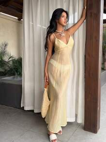 SHEIN Unity Women's Open Back Tie-Up Button Design Cami Maxi Dress - Butter Yellow - View 6